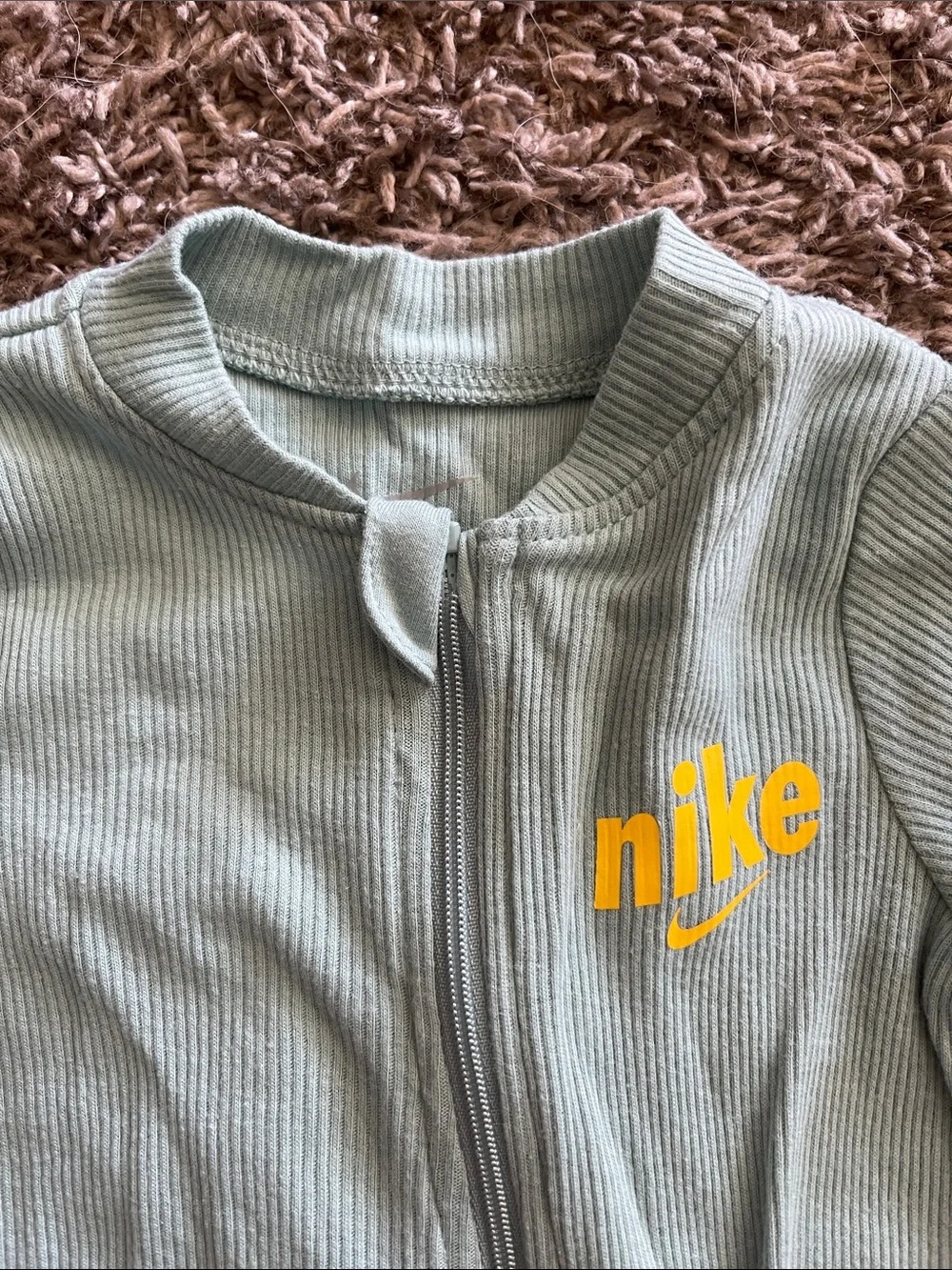 Nike Sage Green 3 Month Ribbed Footed One-Piece with Yellow Logo